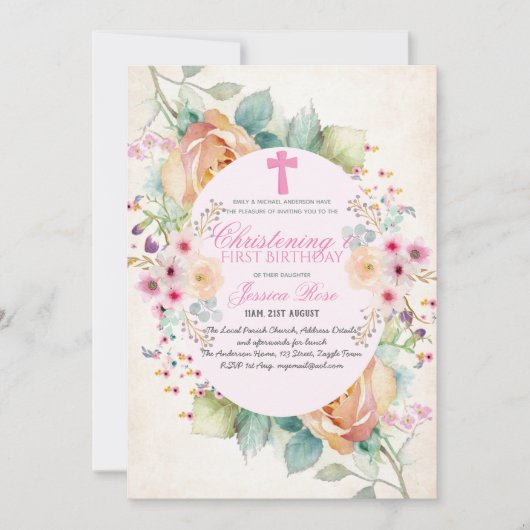 女の子の《キリスト教》洗礼式や命名式と1st BIRTHDAY女の子フローラ 招待状 (正面)