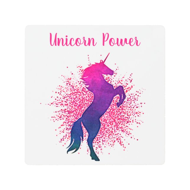 女の子の「ユニコーンパワー」ユニコーン&グリッター メタルプリント (正面)