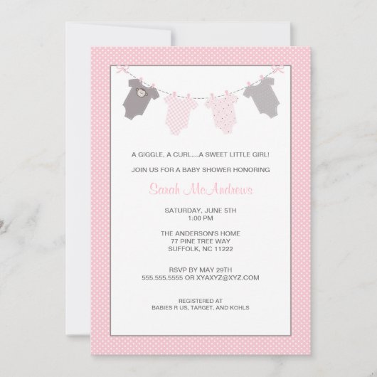 女の子のClotheslineのベビーシャワーの招待のピンクの灰色 招待状 (正面)