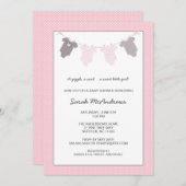 女の子のClotheslineのベビーシャワー/ピンクの灰色 招待状 (正面/裏面)