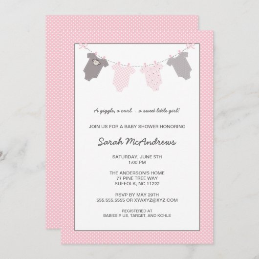 女の子のClotheslineのベビーシャワー/ピンクの灰色 招待状 (正面/裏面)