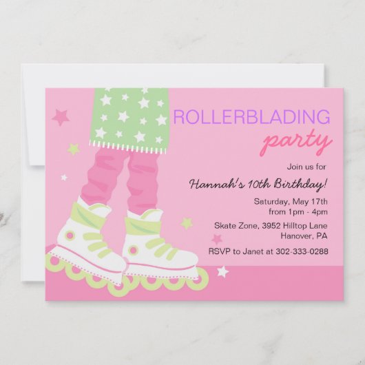 女の子のRollerbladingのバースデーパーティ招待状 招待状 (正面)