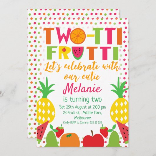 女の子のTwo-tiiのフルーツの第2誕生日の招待 招待状 (正面/裏面)
