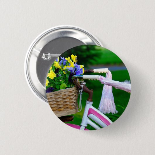 女の子はちょうど楽しい時、ピンクの女の子の自転車を過したいと思います 缶バッジ (正面&裏面)