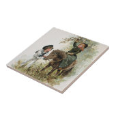 女の子はシェトランド諸島子馬のヴィンテージに乗ります タイル (側面)