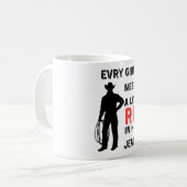 女の子はジーンズ、カウボーイに少しずつ足を引っ張る コーヒーマグカップ (正面左)