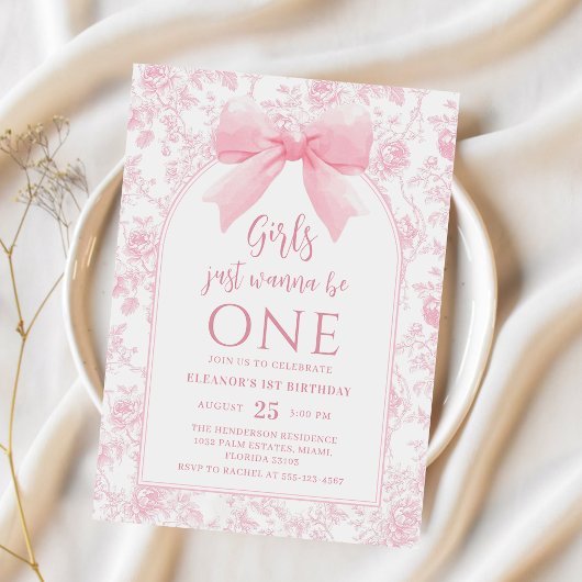 女の子はピンクのリボンで1歳の誕生日を迎えたい 招待状
