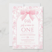 女の子はピンクのリボンで1歳の誕生日を迎えたい 招待状 (正面)