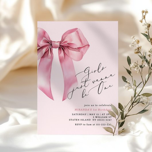 女の子はピンクのワンボウ 1歳の誕生日 招待状