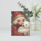 女の子はホッキョクグマを抱いて、かわいいファンタジーアート シーズンポストカード (スタンド正面)