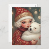 女の子はホッキョクグマを抱いて、かわいいファンタジーアート シーズンポストカード (正面/裏面)