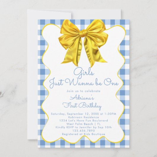 女の子はワンイエローブルーの1歳の誕生日にしたい 招待状 (正面)
