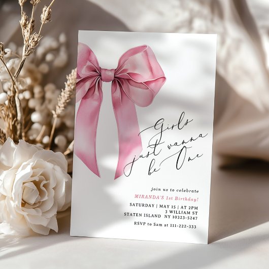 女の子はワンピンクボウになりたい1歳の誕生日 招待状