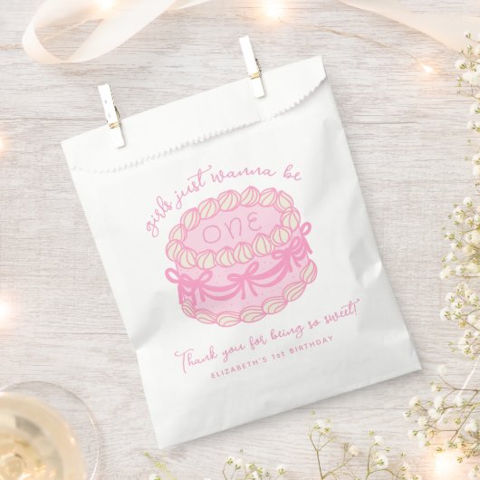 女の子はワンピンクボウ1歳の誕生日 フェイバーバッグ (クリップ留めされた状態)