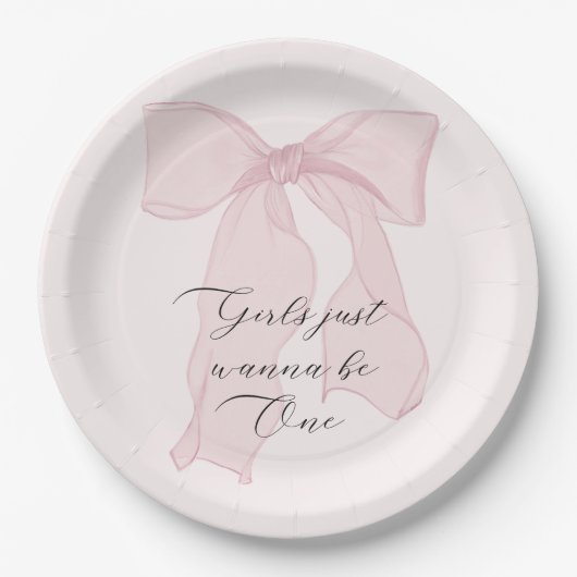 女の子はワンピンクボウ1歳の誕生日 ペーパープレート (正面)