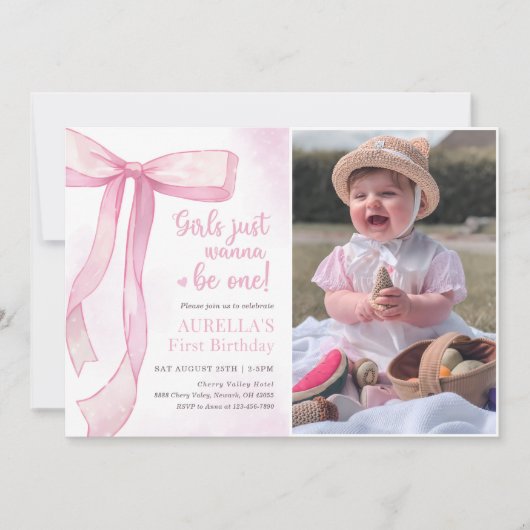 女の子はワンピンクボウ1歳の誕生日 招待状 (正面)