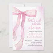 女の子はワンピンクボウ1歳の誕生日 招待状 (正面)