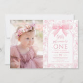 女の子はワンピンクボウ1歳の誕生日 招待状 (正面)