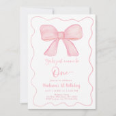 女の子はワンピンクボウ1歳の誕生日 招待状 (正面)