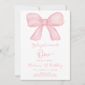 女の子はワンピンクボウ1歳の誕生日 招待状 (正面)