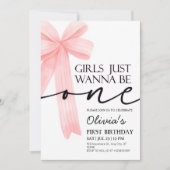 女の子はワンピンクボウ1歳の誕生日 招待状 (正面)