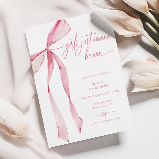 女の子はワンピンクボウ1歳の誕生日 招待状