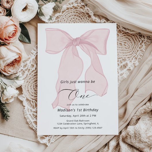 女の子はワンピンクボウ1歳の誕生日 招待状