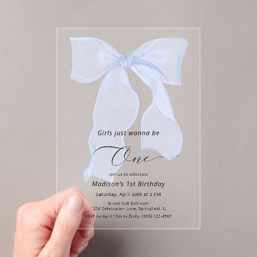 女の子はワンブルーボウ1歳の誕生日 アクリル招待状 (インサイチュ (ポータブル))