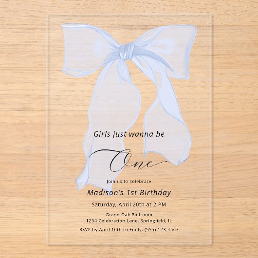 女の子はワンブルーボウ1歳の誕生日 アクリル招待状 (正面)