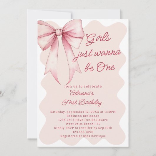 女の子は可愛い弓1歳の誕生日 招待状 (正面)