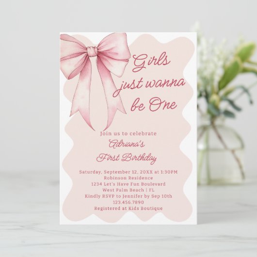 女の子は可愛い弓1歳の誕生日 招待状 (スタンド正面)