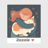 女の子は可愛い猫の漫画を抱く。子どもとおもしろい動物 シール (シート)