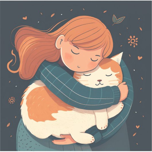 女の子は可愛い猫の漫画を抱く。子どもとおもしろい動物 シール (正面)