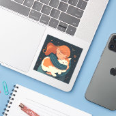 女の子は可愛い猫の漫画を抱く。子どもとおもしろい動物 シール (ノートパソコンとiPhone)