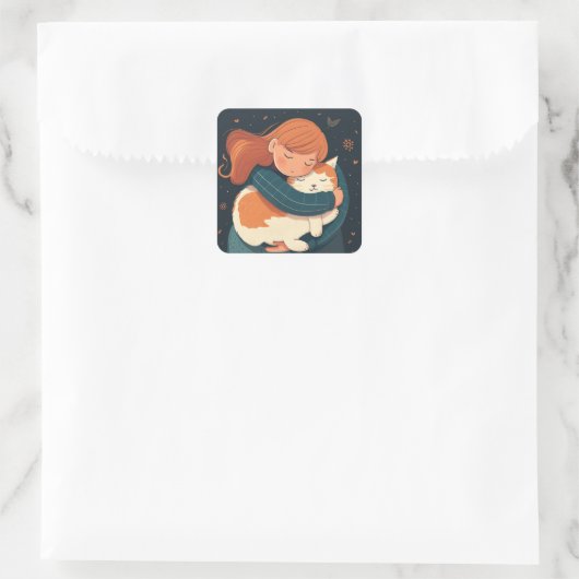 女の子は可愛い猫の漫画を抱く。子どもとおもしろい動物 スクエアシール (バッグ)