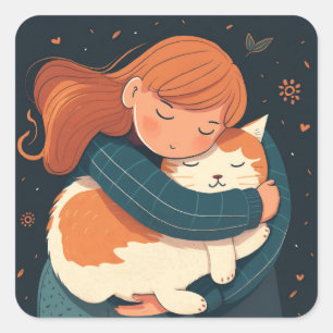 女の子は可愛い猫の漫画を抱く。子どもとおもしろい動物 スクエアシール