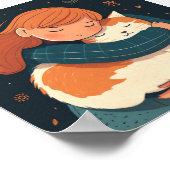 女の子は可愛い猫の漫画を抱く。子どもとおもしろい動物 ポスター (角)