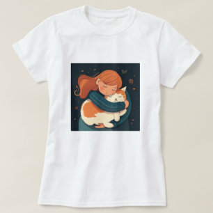 女の子は可愛い猫の漫画を抱く。子どもとおもしろい動物 Tシャツ