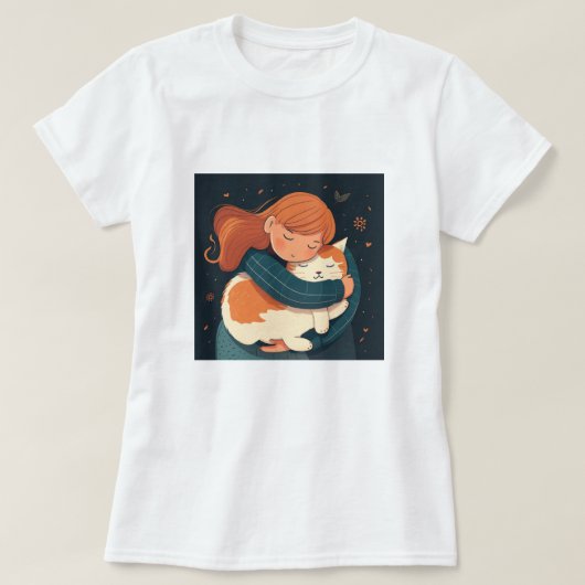 女の子は可愛い猫の漫画を抱く。子どもとおもしろい動物 Tシャツ (デザイン正面)