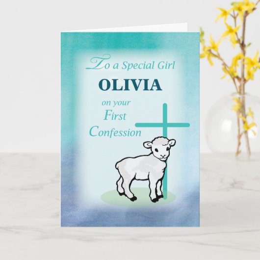 女の子は名前の最初告白の子ヒツジの十字を個人化します カード (黄色い花)