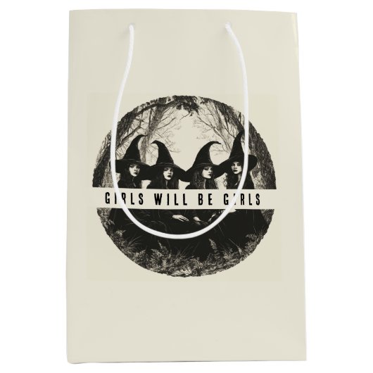 「女の子は女の子だ | かわいい魔女をテーマにした ミディアムペーパーバッグ (正面)