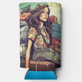 女の子は手荷物を持っている スリム缶クーラー