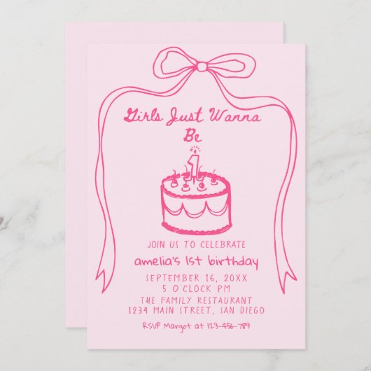 女の子は最初の誕生日を過ごしたい 招待状 (正面/裏面)