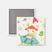 女の子は椅子に座って、勉強する マグネット (正面/裏面)