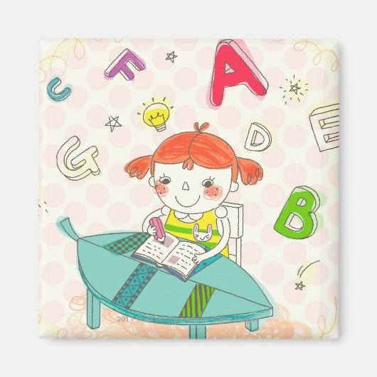 女の子は椅子に座って、勉強する マグネット (正面)