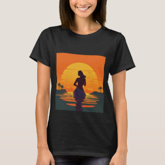 女の子は水のシルエットでサンセットベクトルiに立つ tシャツ