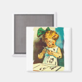 女の子は汚絵を描れた。カラフルヴィンテージスケッチ マグネット (正面/裏面)