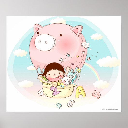 女の子は熱気球に座って、笑って ポスター (正面)
