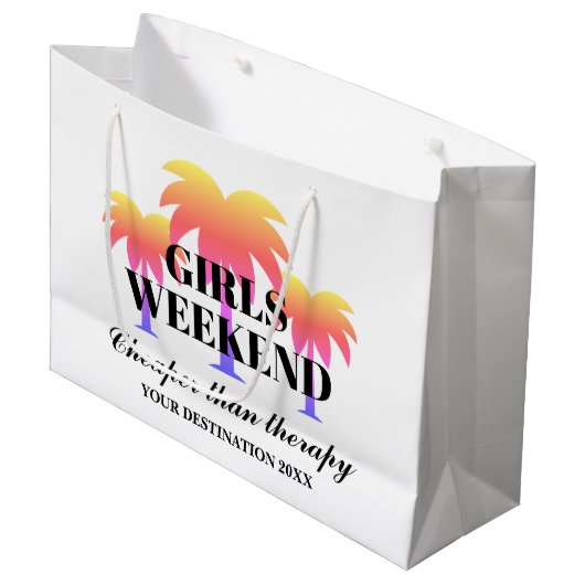 女の子は週末に熱遠くに帯ヤシの木を旅するカスタム ラージペーパーバッグ (正面アングル)