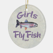 女の子は魚を飛ばしますも! ニジマスのはえの魚釣り セラミックオーナメント (左)